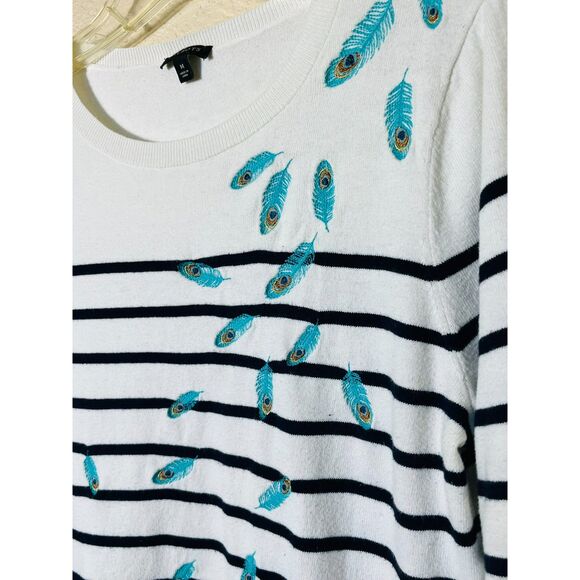 Talbots Embroidered Peacock Feather Pullover Sweater Women's M Cream/Navy Stripe - Picture 2 of 9